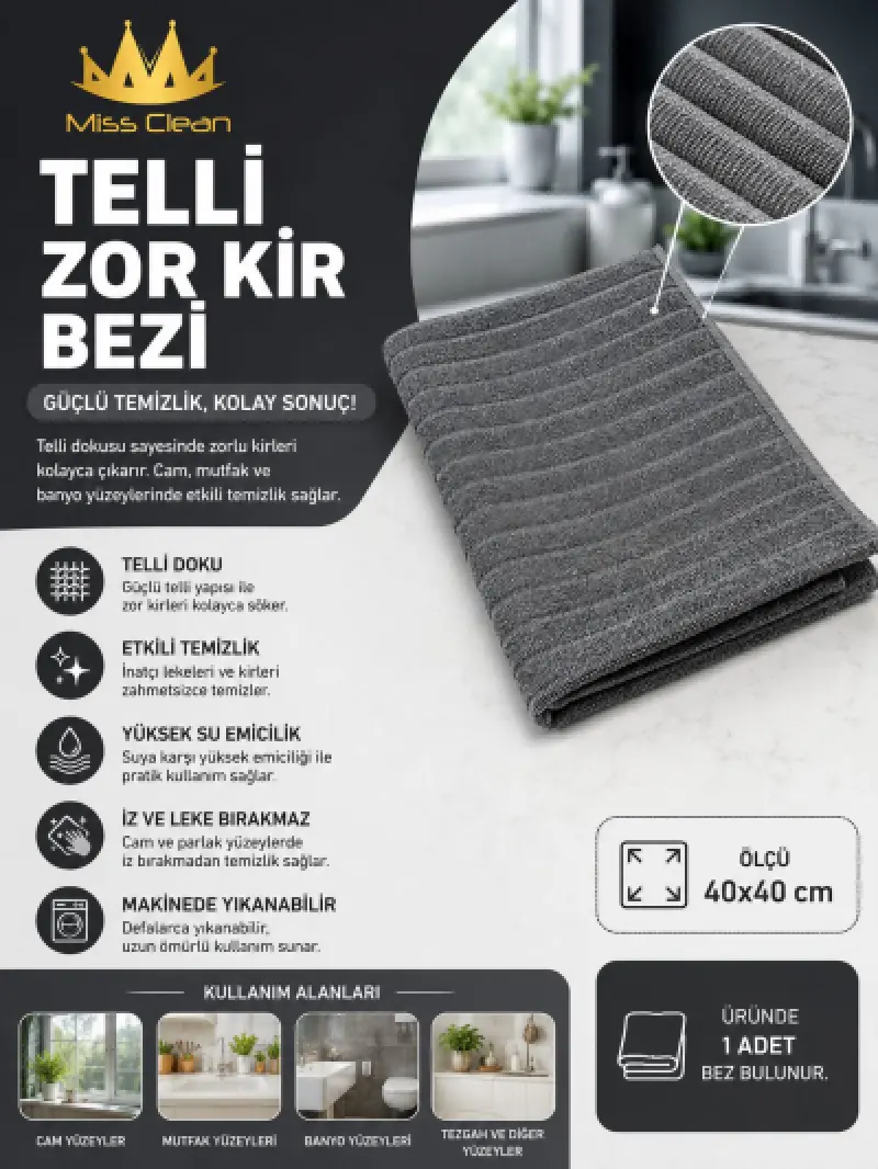 Missclean Telli Zor Kir Bezi 40*40 cm Gri