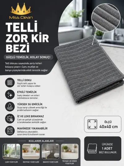 Missclean Telli Zor Kir Bezi 40*40 cm Gri
