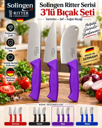 Solingen Ritter 3'lü Bıçak Seti [Santoku-Şef-Soğan] - [Mor]